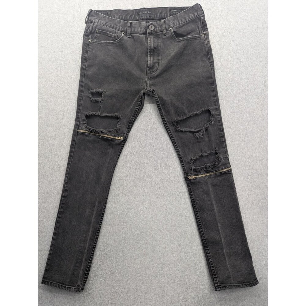 Bullhead Denim Co Jeans Mens 34x32 Gray Skinny Ripped Distressed Zipper Knees